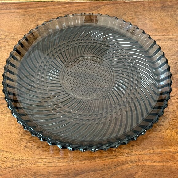 Vintage Libbey Smoke Gray Swirl Glass 10" Serving Plate / Platter Diamond Center - Picture 1 of 7